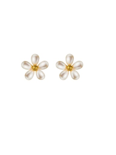 Gold 925 Sterling Silver Imitation Pearl Flower Minimalist Stud Earring