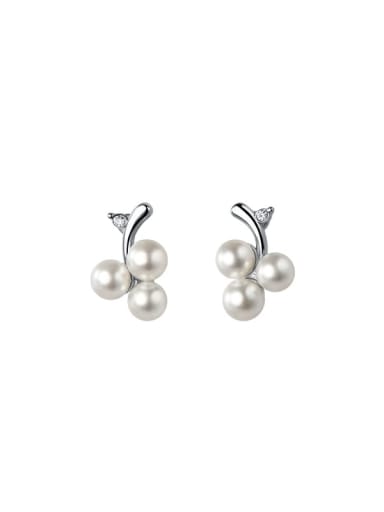 925 Sterling Silver Imitation Pearl Flower Cute Stud Earring