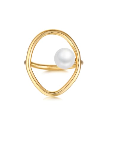 Copper Imitation Pearl White Hollow Oval Minimalist Band Ring