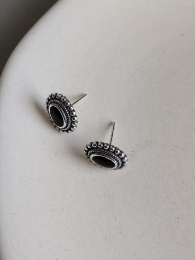 925 Sterling Silver Black Enamel Geometric Vintage Stud Earring