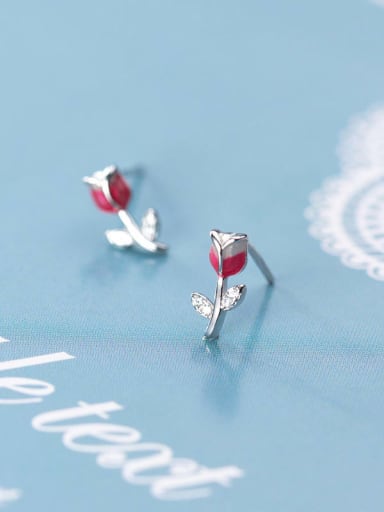 925 Sterling Silver Red Enamel Rose  Flower Cute Stud Earring