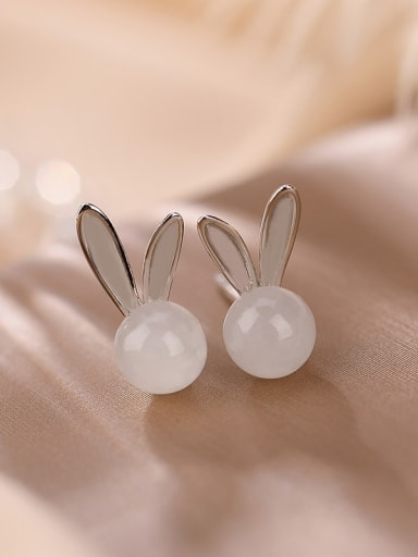 925 Sterling Silver Jade Rabbit Cute Stud Earring