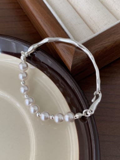 925 Sterling Silver Imitation Pearl Round Minimalist Handmade Beaded Bracelet