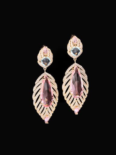 Pink Brass Cubic Zirconia Leaf Statement Drop Earring
