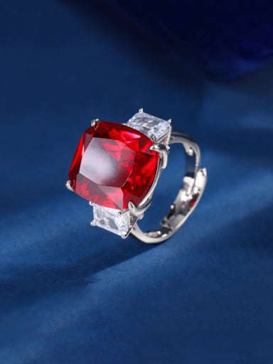 Red corundum ring Brass Cubic Zirconia Square Luxury Cocktail Ring