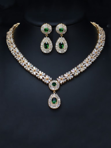 Champagne gold green zirconium Brass Cubic Zirconia Luxury Geometric Earring and Necklace Set