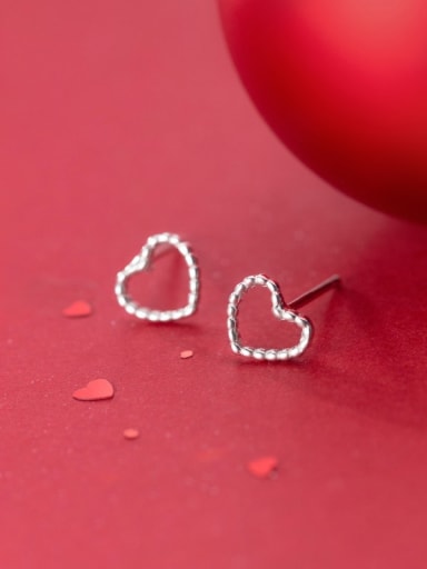 925 Sterling Silver With Platinum Plated Cute  Hollow Heart Stud Earrings