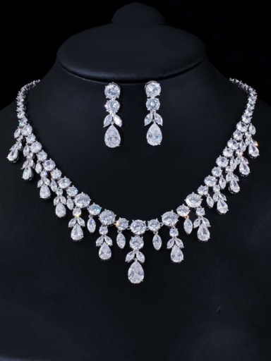 Platinum white zirconium Brass Cubic Zirconia Luxury Leaf  Earring and Necklace Set