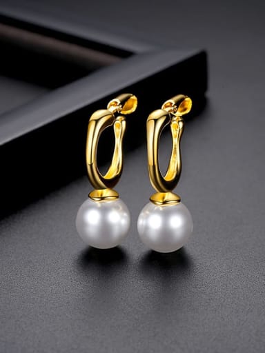 E20052108 18K Brass Imitation Pearl Geometric Minimalist Huggie Earring