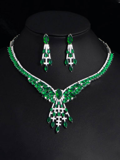 green Brass Cubic Zirconia Luxury Water Drop Earring and Necklace Set