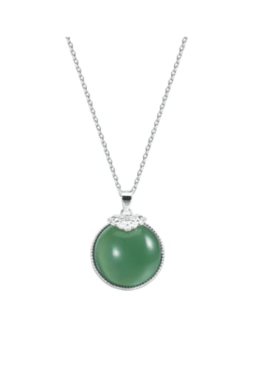 925 Sterling Silver  Round Vintage Green Chalcedony  Pendant Necklace