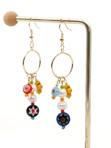 ZZ E200056B Stainless steel Freshwater Pearl Multi Color Glass beads Ethnic Long   Hook Earring