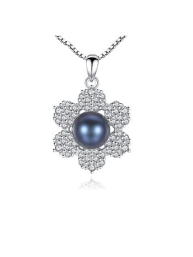 925 Sterling Silver 3A Zircon Freshwater Pearl Flower Pendant Necklace