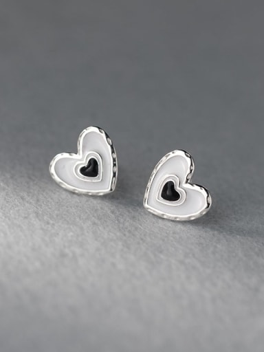 black 925 Sterling Silver Enamel Heart Minimalist Stud Earring