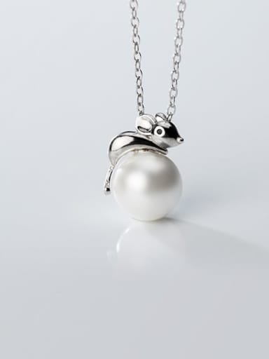 925 Sterling Silver Imitation Pearl  Cute Mouse   Pendant   Necklace
