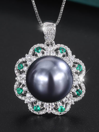 Grey bead platinum pendant Brass Imitation Pearl Flower Minimalist  Round Pendant