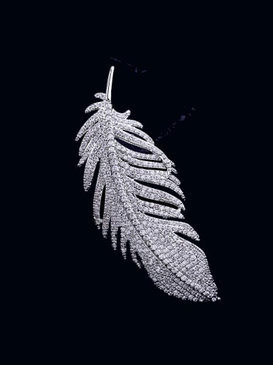Feather Platinum Brass Cubic Zirconia Feather  Luxury Brooch