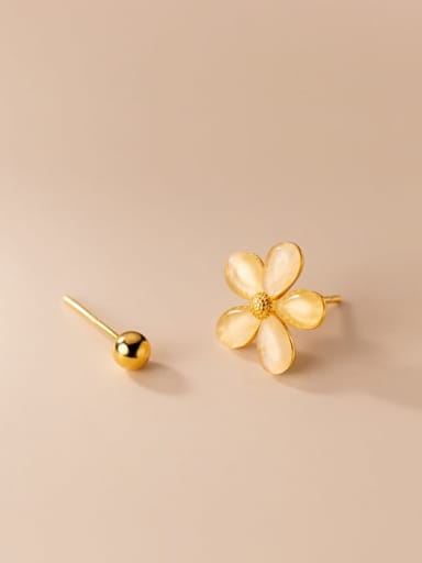 925 Sterling Silver Cats Eye Asymmetric  Flower Bead  Minimalist Stud Earring