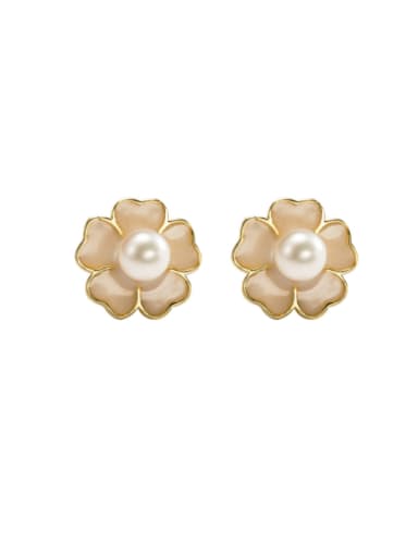 925 Sterling Silver Imitation Pearl Enamel Flower Minimalist Stud Earring