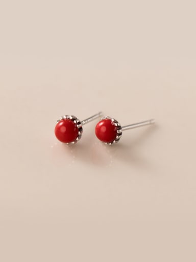 Red Shell Pearl+ Silver 925 Sterling Silver Imitation Pearl Round Minimalist Stud Earring