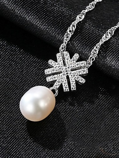 White 5D03 925 Sterling Silver Water Wave Chain Freshwater Pearl Fashion Snowflake Necklace