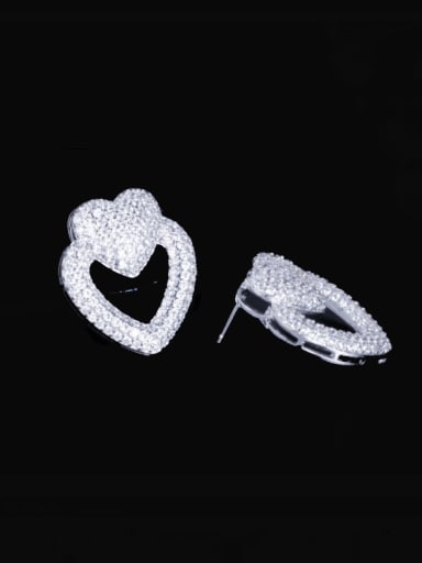 Platinum White Stone Brass Cubic Zirconia Heart Statement Stud Earring