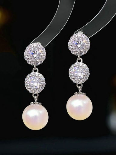 platinum+ white pearl Brass Cubic Zirconia Flower Minimalist Drop Earring