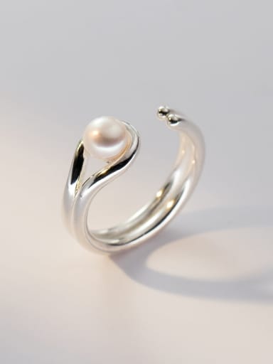 925 Sterling Silver Imitation Pearl Irregular Minimalist Band Ring