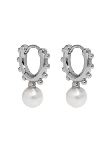 White gold [Shell Bead style] 925 Sterling Silver Imitation Pearl Geometric Vintage Huggie Earring