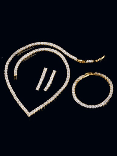 Gold Three Piece Set Brass Cubic Zirconia Luxury Geometric Earring Bracelet and Necklace Set