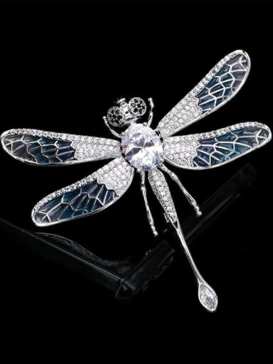 Platinum blue wings Brass Cubic Zirconia Dragonfly Statement Brooch