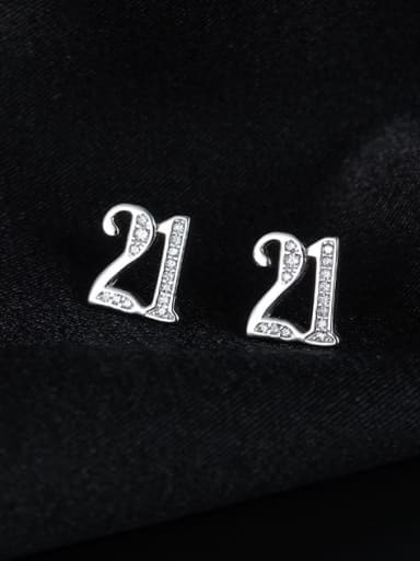 ES2197 [Number 21] 925 Sterling Silver Cubic Zirconia Number Minimalist Stud Earring