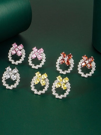 Brass Cubic Zirconia Multi Color Flower Dainty Stud Earring