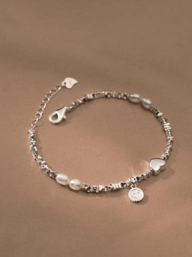 925 Sterling Silver Imitation Pearl Heart Vintage Beaded Bracelet