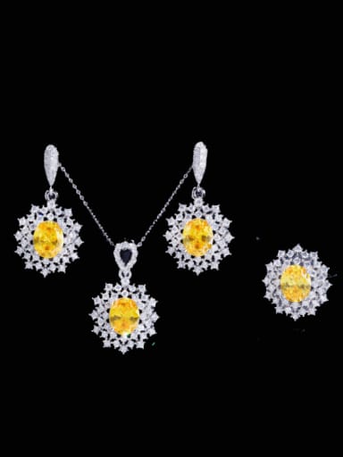 Yellow US 6 Brass Cubic Zirconia Luxury Geometric Earring Ring and Necklace Set