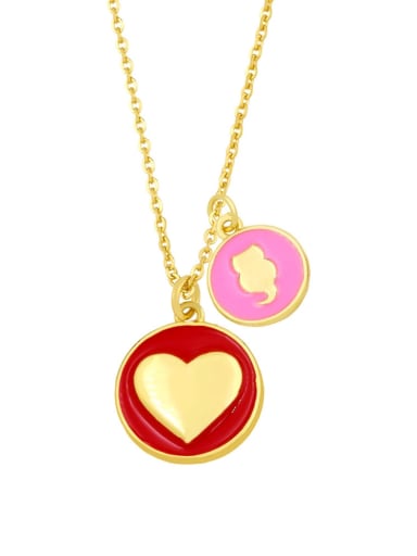 red +Pink Brass Enamel Heart Minimalist Round Penadnt Necklace