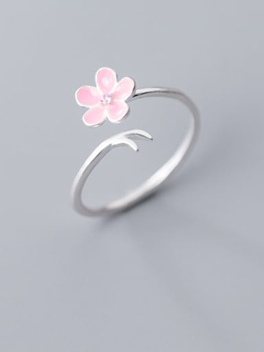 925 Sterling Silver  Minimalist Enamel Pink Flower Free Size Ring