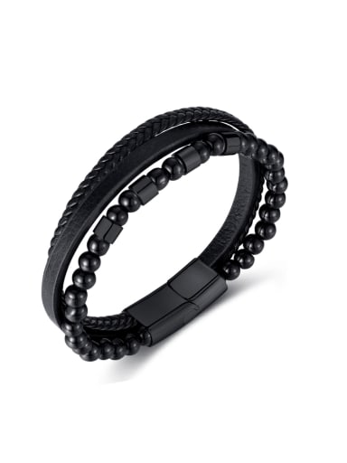PH1559  black Stainless steel Artificial Leather Weave Hip Hop Strand Bracelet