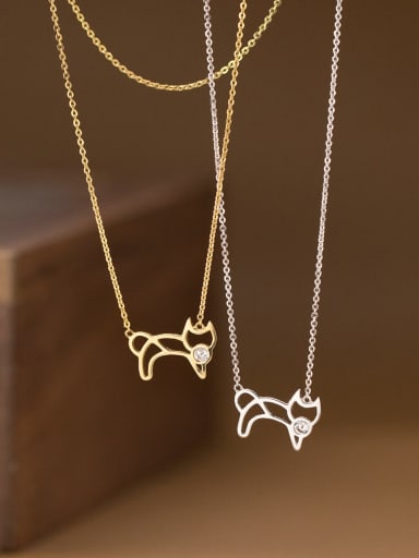 925 Sterling Silver Cubic Zirconia Hollow  Cat Cute Necklace