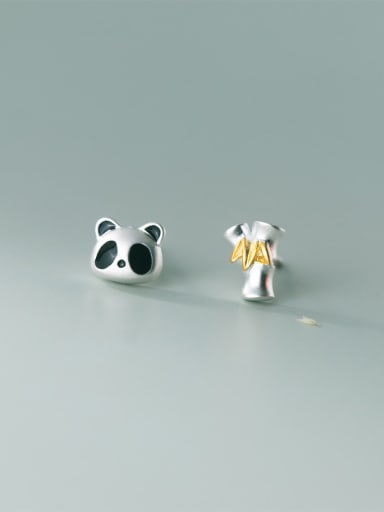 925 Sterling Silver Cute  Asymmetrical  Panda Bamboo Stud Earring