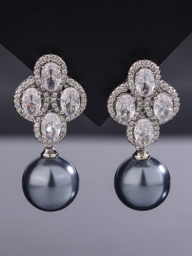 Grey bead earrings Brass Cubic Zirconia Luxury Clover Earring and = Set