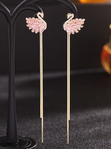 Golden Pink Swan Brass Cubic Zirconia Swan Tassel Statement Cluster Earring
