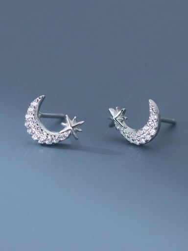 Silver 925 Sterling Silver Cubic Zirconia Moon Dainty Stud Earring