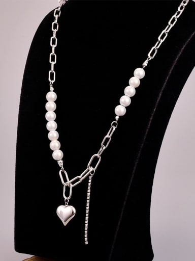 Titanium Steel Imitation Pearl Heart Vintage Hollow Chain Necklace