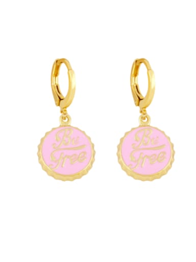 Pink Brass Enamel Round Letter Vintage Huggie Earring
