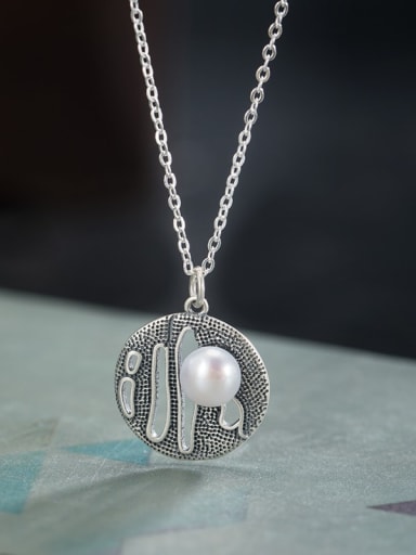 925 Sterling Silver Imitation Pearl Geometric Vintage Necklace