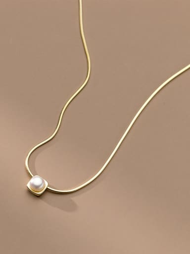 Gold 925 Sterling Silver Imitation Pearl Geometric Minimalist Necklace