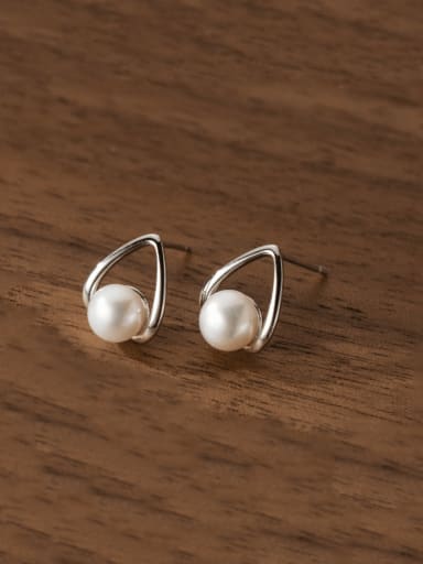 Silver 925 Sterling Silver Imitation Pearl Water Drop Minimalist Stud Earring