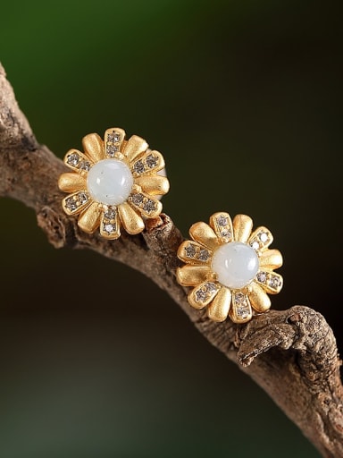 925 Sterling Silver Jade Flower Vintage Stud Earring
