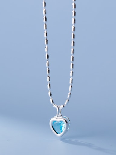 Light Blue 925 Sterling Silver Cubic Zirconia Heart Minimalist Beaded Chain Necklace